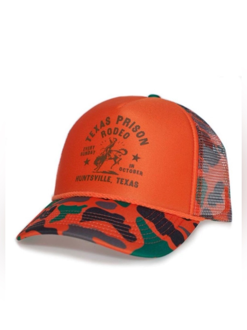 Texas Prison Rodeo Orange Camo Foam Trucker Hat SnapBack Cowboy
